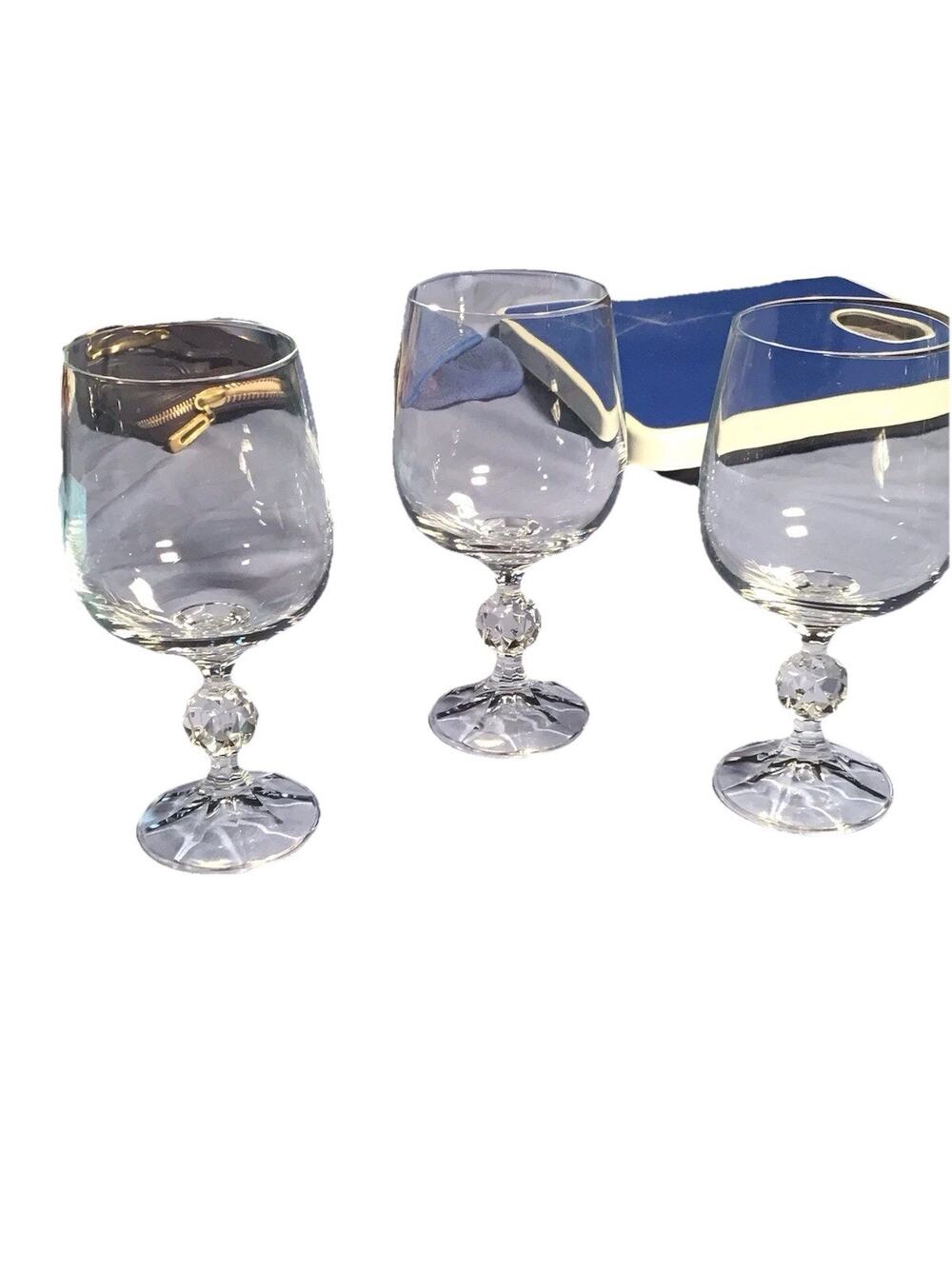 3 CLAUDIA BOHEMIA BALL IN STEM PLATINUM RIM WINE/WATER GLASSES-Vintage 6 1/2"
